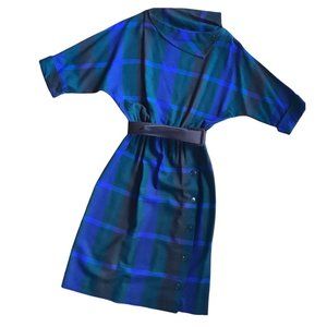 Vintage Dark Blue Plaid Asymmetrical Collar 80s 90s Dress
